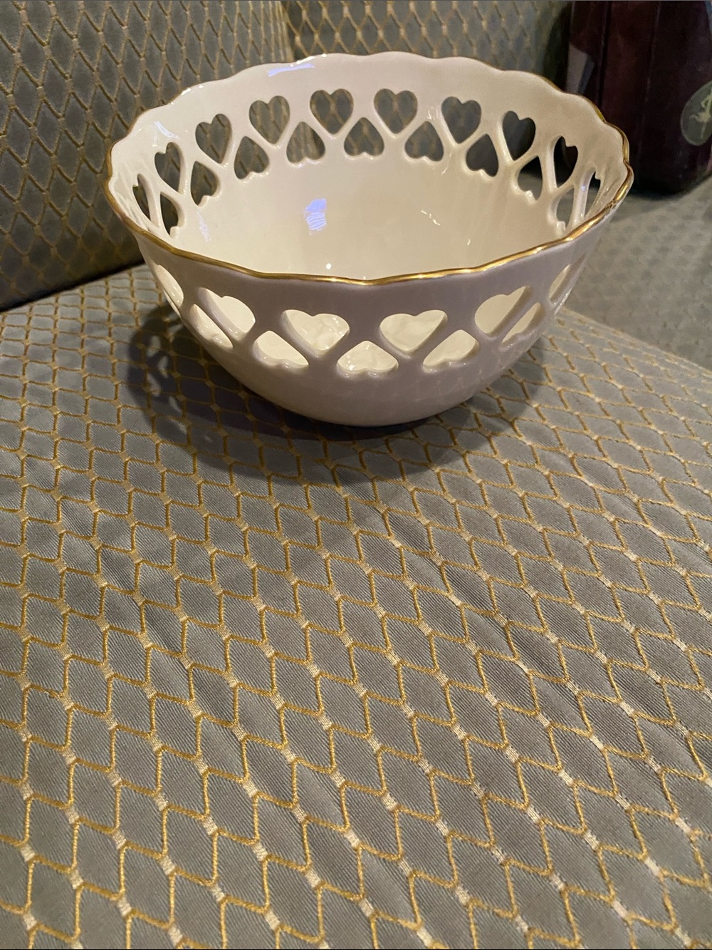 Lenox White Porcelain Heart Cutout candy dish with Gold Trim.